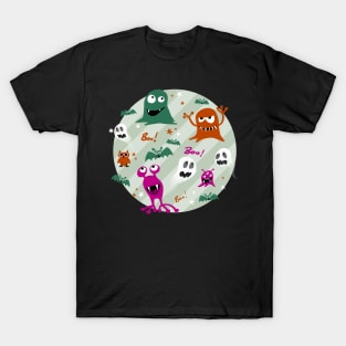 Boo! Very spooky monsters on green stripes T-Shirt